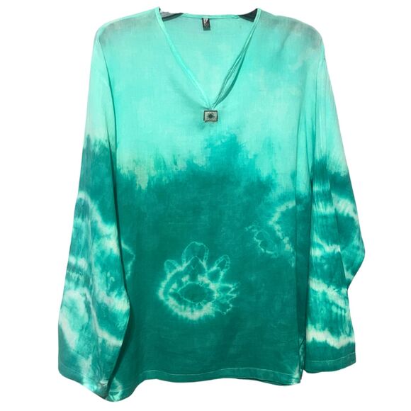 Upcycled Tie Dye Bright Green Gauzy Ombre V Neck Bell Sleeve Tunic Top - Picture 6 of 12
